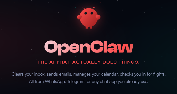 OpenClaw branding with a red robot icon and tagline, describing an assistant that manages email, calendars, and travel through chat apps.