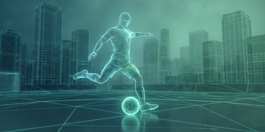 Illustrated soccer player kicking a glowing ball on a field with digital grid lines with teal-toned city skyscrapers in the background.