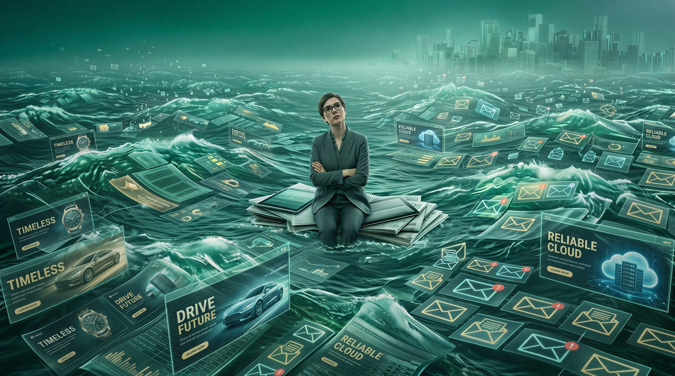 Illustration of a person seated on a stack of documents in the middle of a turbulent digital ocean filled with floating emails, dashboards, advertisements, cloud storage graphics, and data panels. A distant city skyline appears on the horizon, symbolizing the challenge of navigating overwhelming volumes of marketing, communication, and digital information.