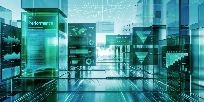 Futuristic digital marketing analytics dashboards displaying branded and non-branded search performance metrics and conversion funnels