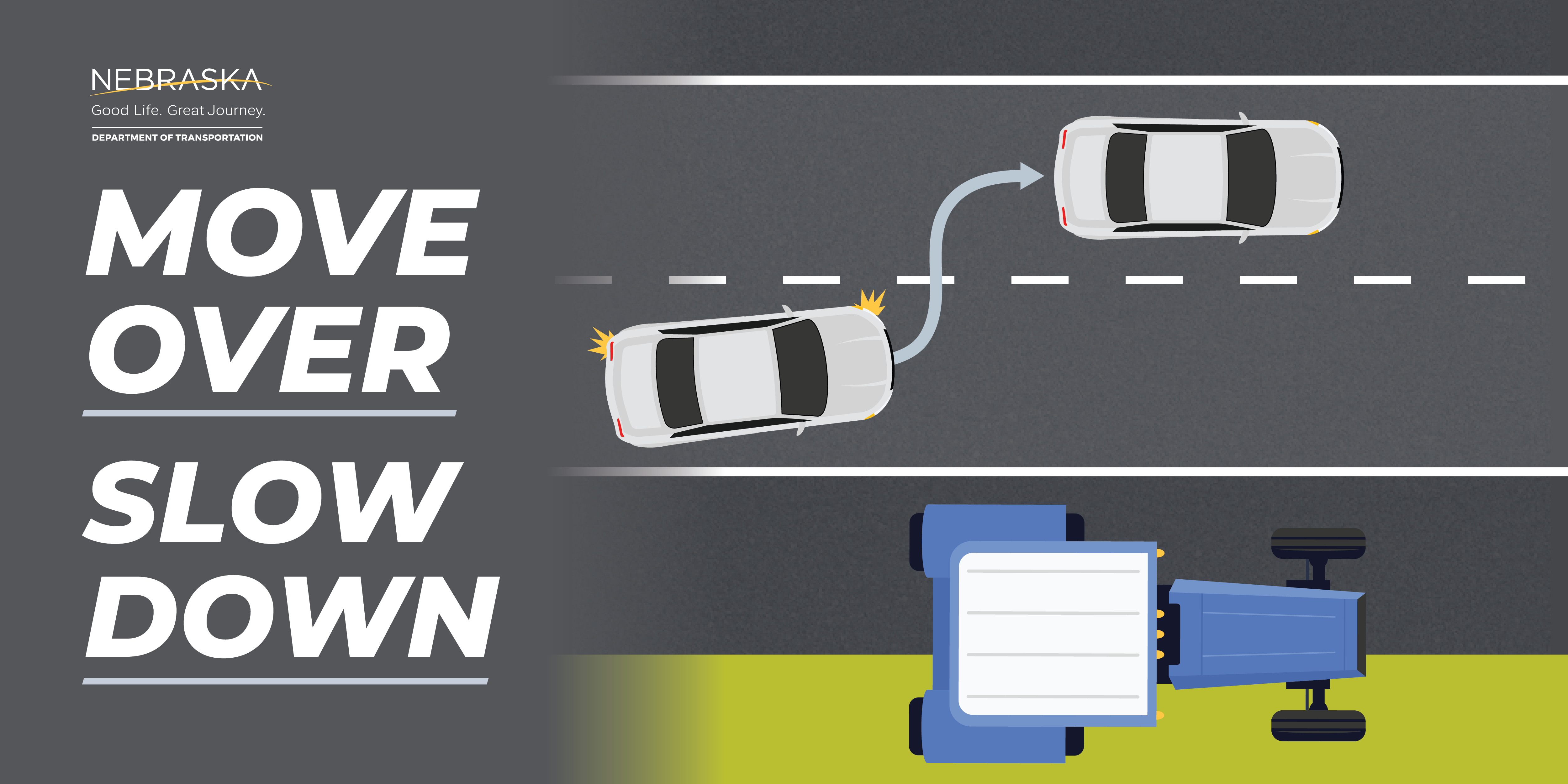 Nebraska Department of Transportation graphic: Move Over, Slow Down. A car changes lanes to pass a vehicle and a tractor stopped on the shoulder.