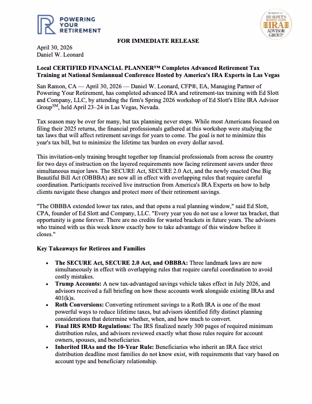 Daniel W. Leonard Completes Advanced IRA Training with Ed Slott's Elite Advisor Group