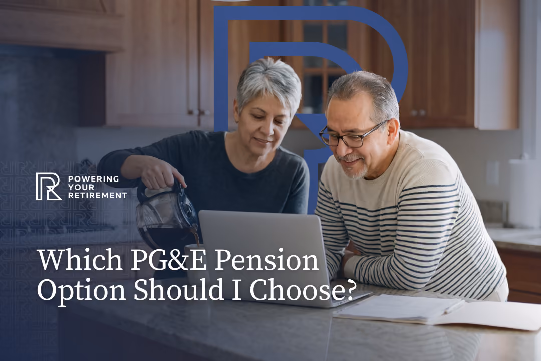 A smiling older couple looking at a laptop together on a kitchen counter, with text overlay asking, 'Which PG&E Pension Option Should I Choose?' and the logo with 'Powering Your Retirement'.