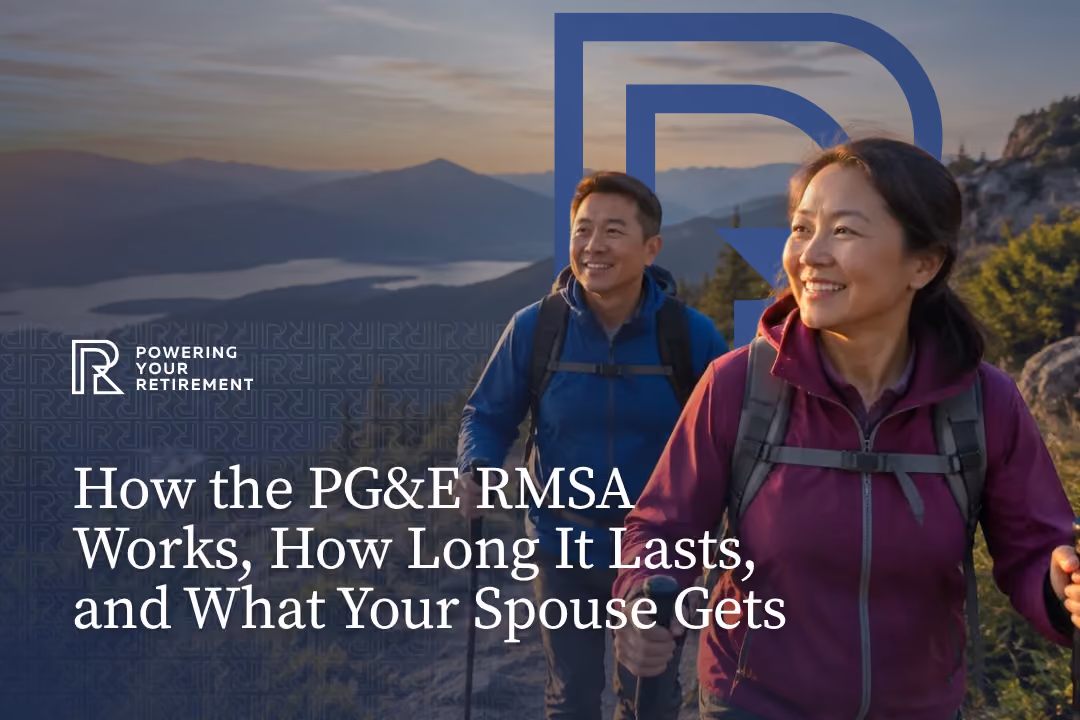 Smiling middle-aged couple hiking with backpacks and trekking poles on a mountain trail at sunset with scenic lake and mountains in the background.