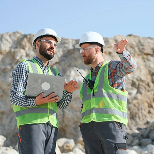 Dos trabajadores en mina hablando.