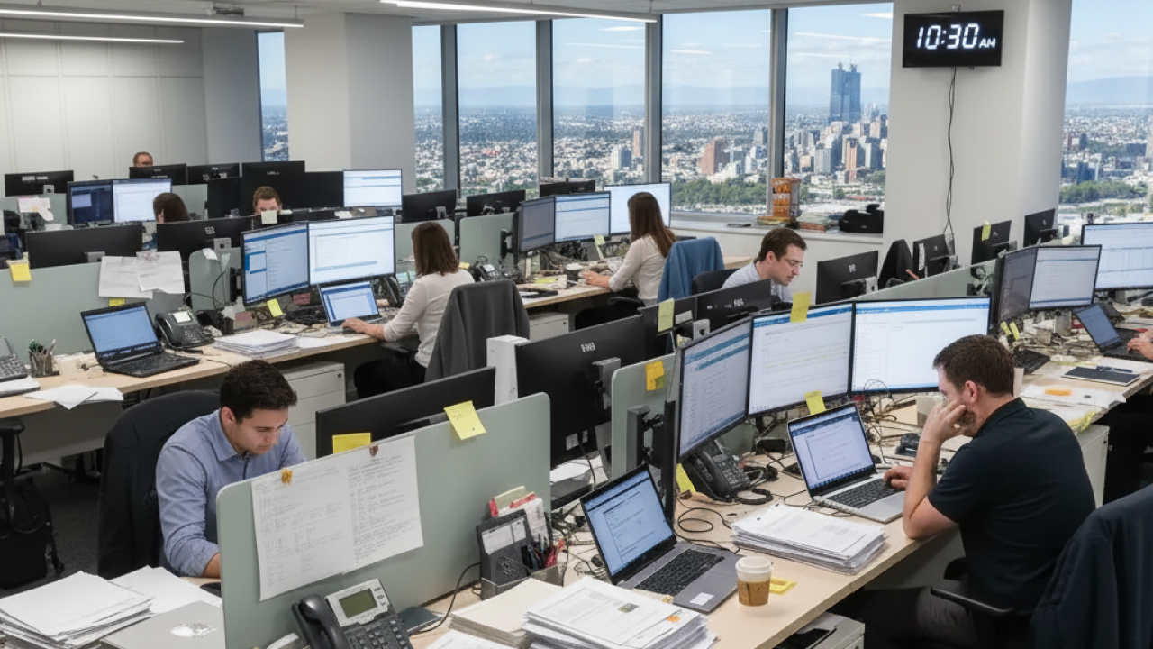 A busy open‑plan office with multiple rows of desks, each equipped with several computer monitors, laptops, and paperwork. Employees are working at their stations, while large windows along the back wall reveal a panoramic city skyline under a bright sky. A digital wall clock displays the time as 10:30 AM.