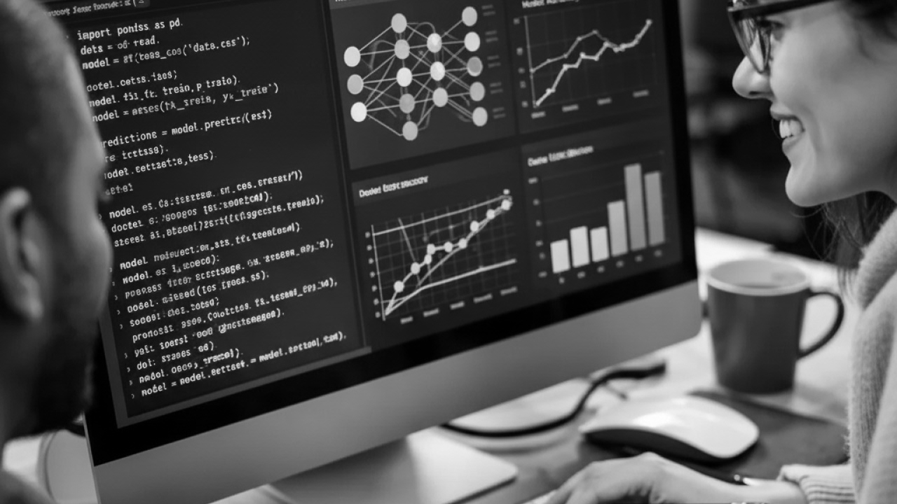 A person working at a large desktop monitor displaying code, data visualisations, charts, and machine‑learning diagrams, with a keyboard, mouse, and coffee cup on the desk.