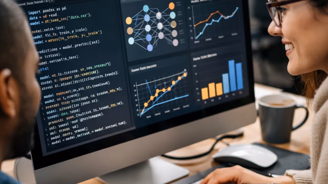 A person working at a large desktop monitor displaying code, data visualisations, charts, and machine‑learning diagrams, with a keyboard, mouse, and coffee cup on the desk.