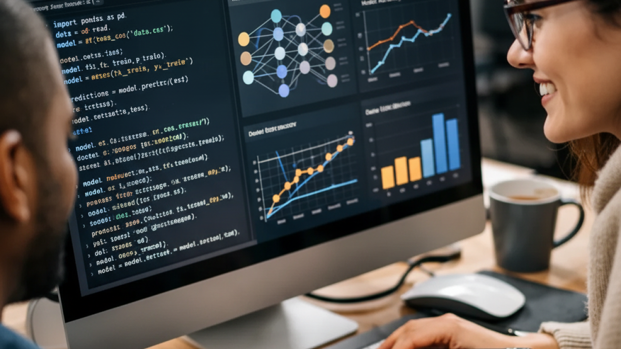 A person working at a large desktop monitor displaying code, data visualisations, charts, and machine‑learning diagrams, with a keyboard, mouse, and coffee cup on the desk.