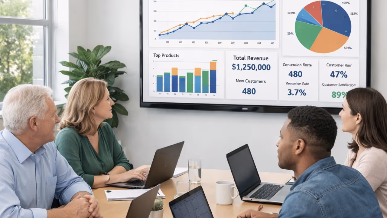 A group of colleagues seated around a meeting table with laptops, looking at a large wall-mounted screen displaying business dashboards with line charts, bar charts, a pie chart, and key metrics such as total revenue, new customers, conversion rate, and customer satisfaction in a modern office setting.