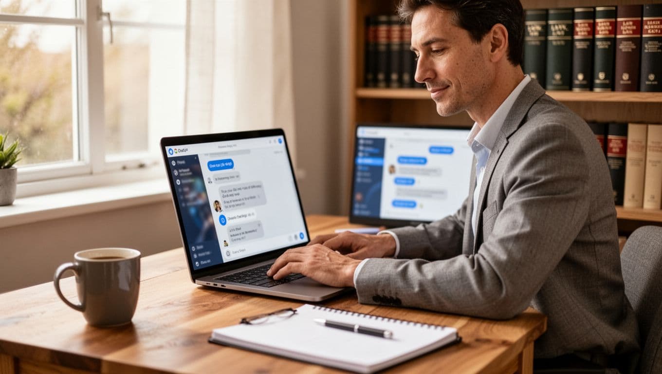 A professional lawyer sits alone at a wooden desk in a bright home office, typing on an open laptop with a blurred ChatGPT interface, illuminated by natural daylight, relaxed pose, coffee mug and notepad in foreground, law books on bookshelf background.