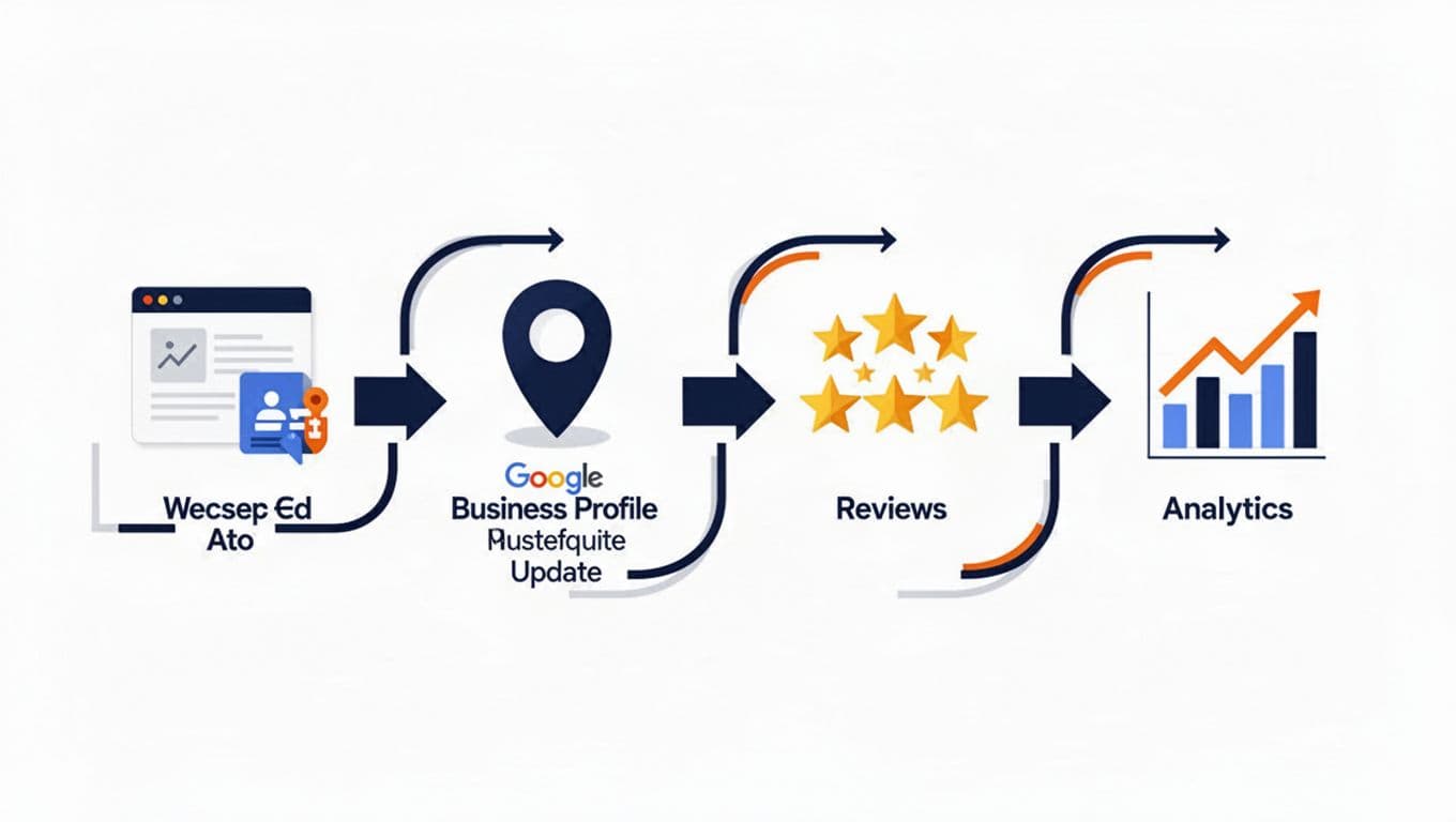 Horizontal vector infographic roadmap outlining four key steps for law firm digital strategy: webpage editing, Google Business Profile update, review collection, and rising analytics, connected by smooth arrows in navy blue and orange on white background.