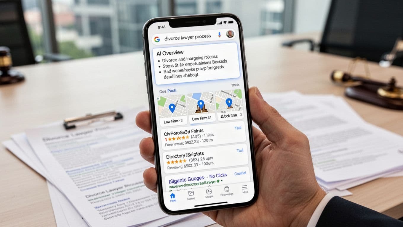 Close-up of a smartphone held in one hand showing Google search results for 'divorce lawyer process' featuring AI overview bullet points, map pack with law firms, and organic results, against blurred modern office with legal documents.