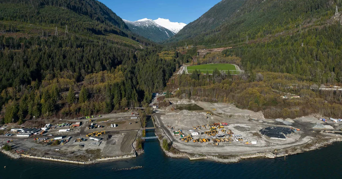 The Woodfibre LNG construction site on the shoreline of Howe Sound near Squamish, British Columbia.