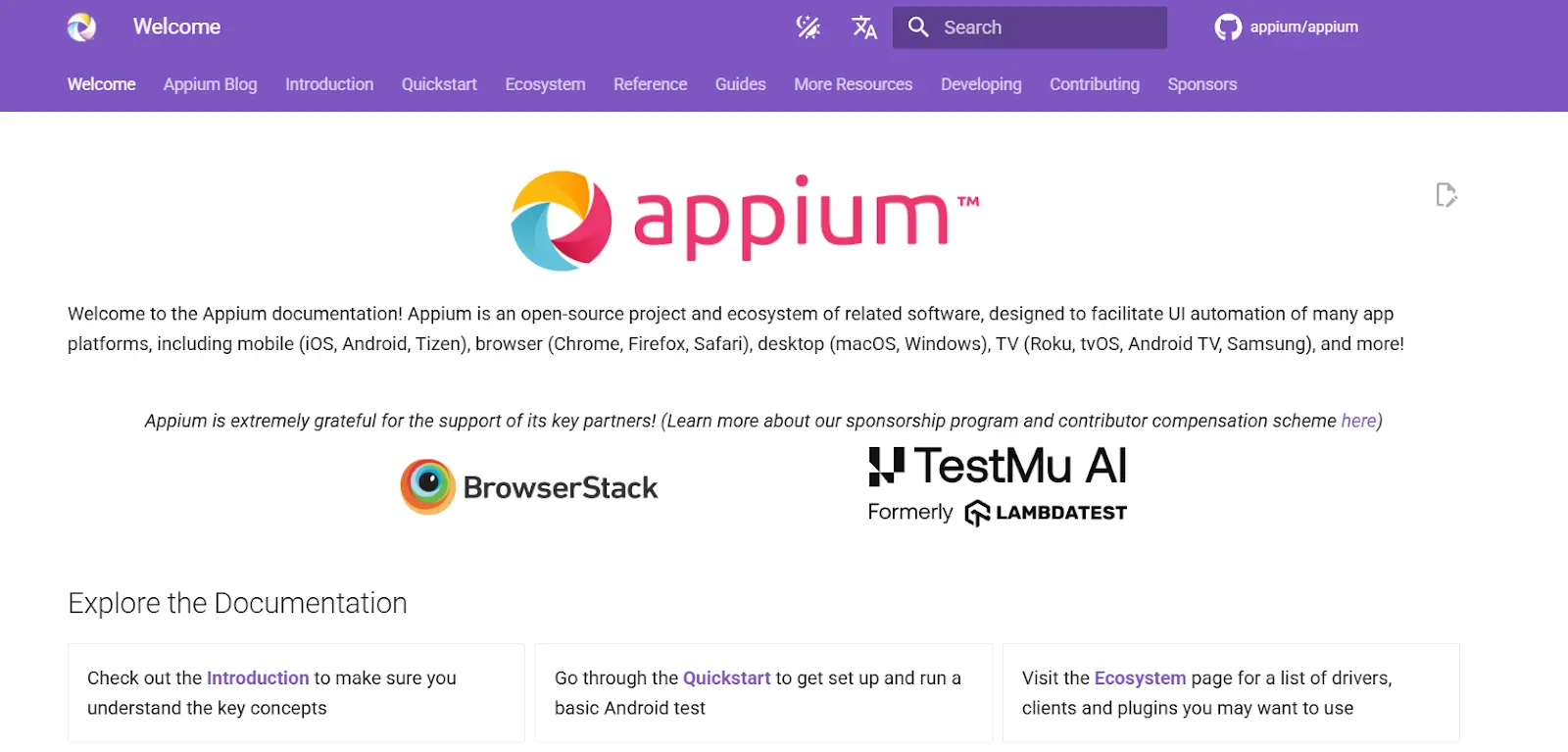 an image showing Appium tool homepage