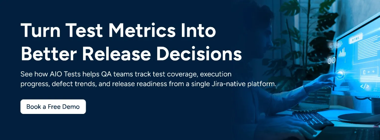 CTA encouraging QA teams to turn test metrics into better release decisions and book a free demo