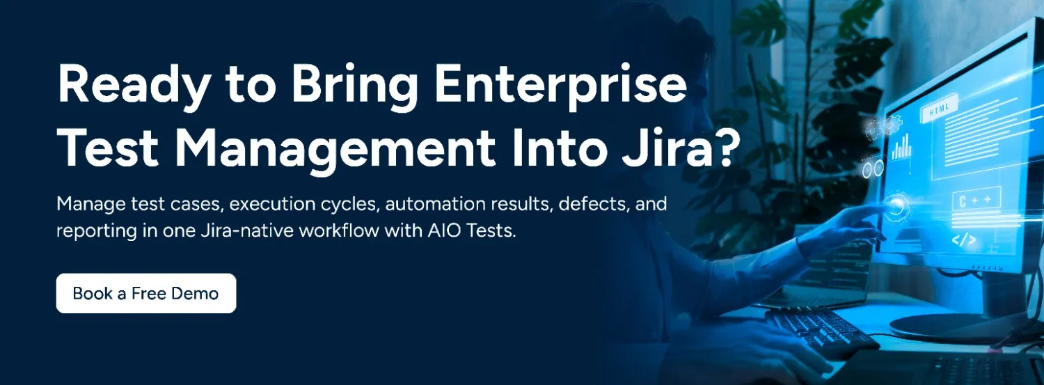 A cta image showing ready to bring enterprise test management into Jira. Book a free demo