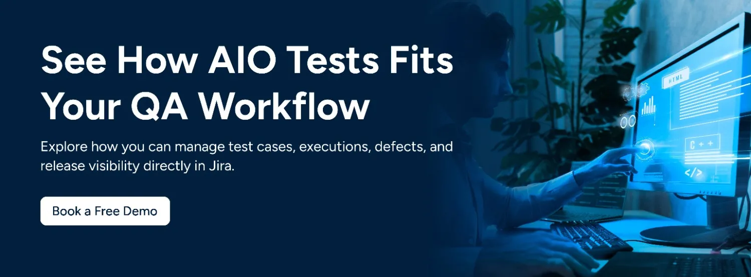 CTA image showing ‘See How AIO Tests Fits Your QA Workflow’ and ‘Book a Free Demo’