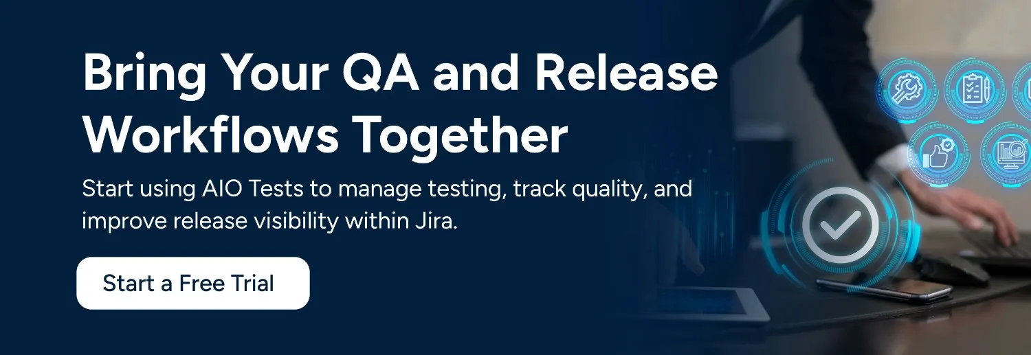 CTA image showing ‘Bring Your QA and Release Workflows Together’ and ‘Start a Free Trial’