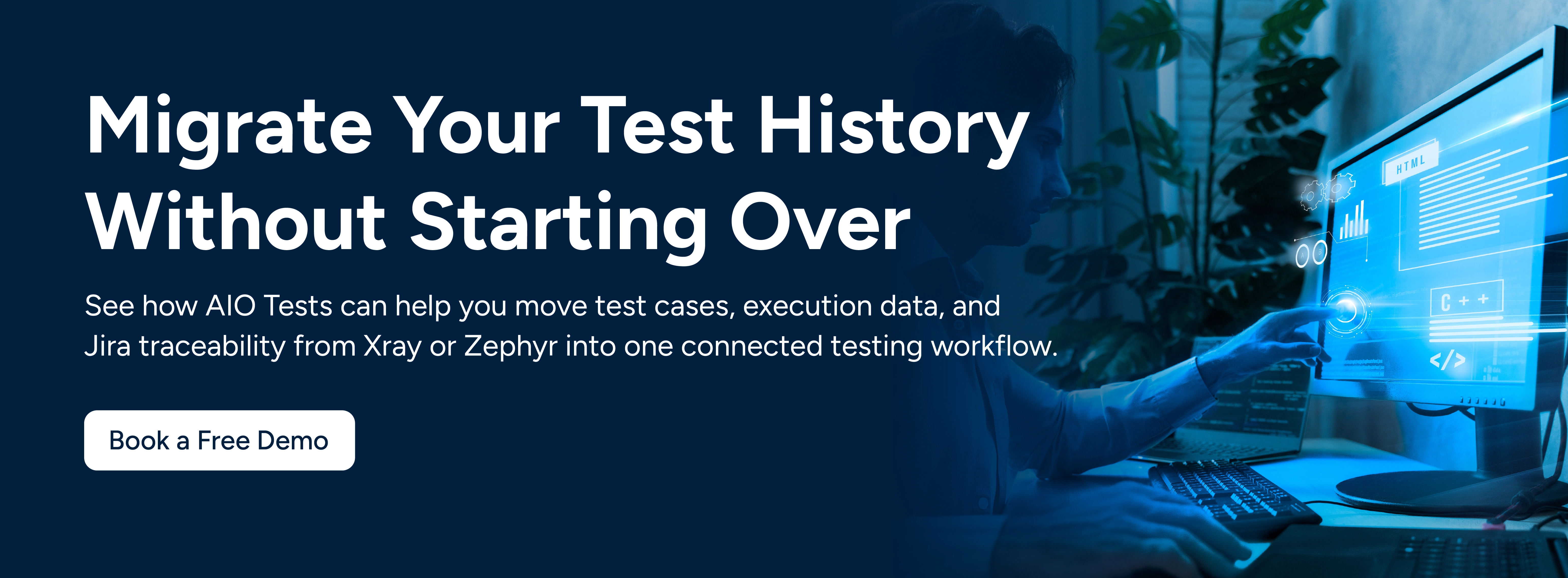 a CTA image showing Migrate Your Test History Without Starting Over. Book a Free Demo