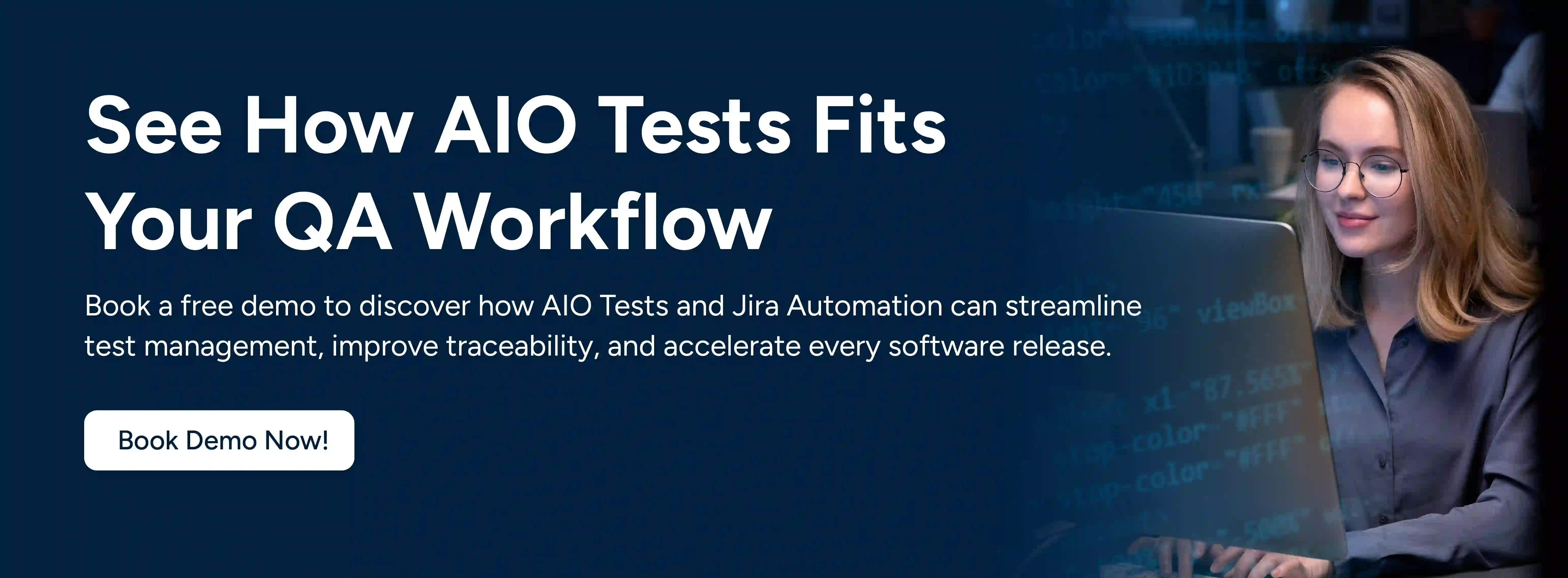 CTA banner reading See how AIO Tests fits your QA workflow, with a Book Demo Now button