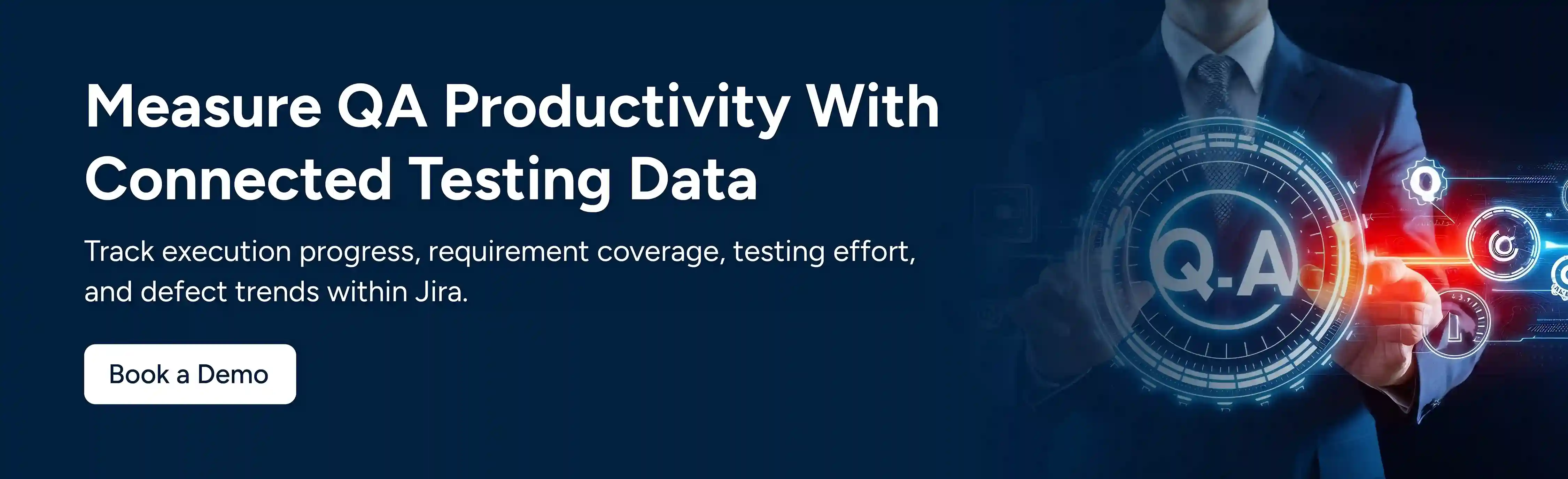 CTA image showing measure QA productivity with connected testing data. Book a demo.