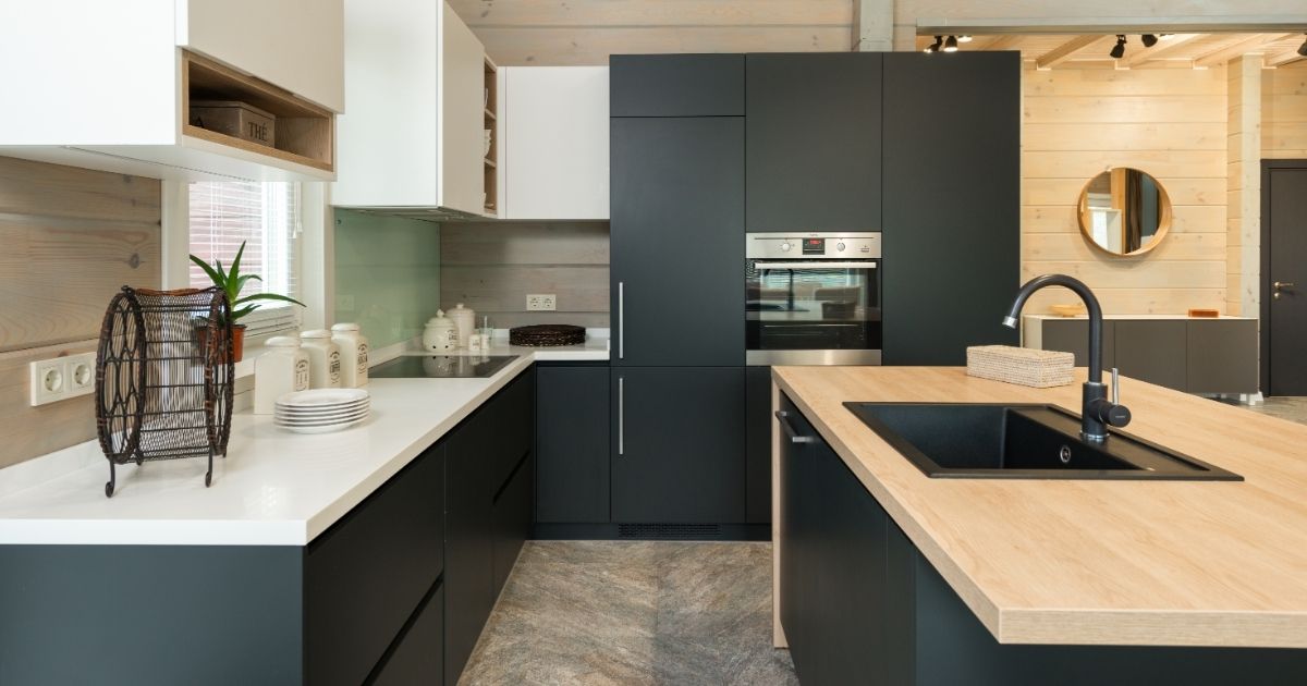 Modern kitchen with matte cupboards and built in appliances
