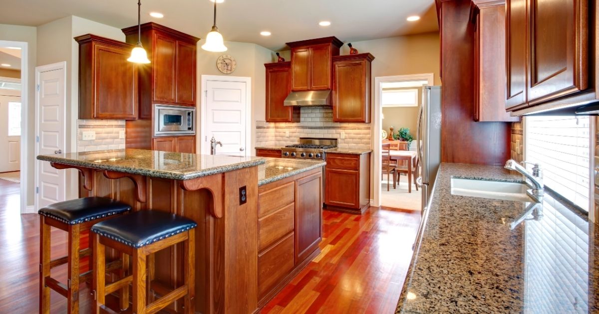 Modern kitchen room with oak cabinets