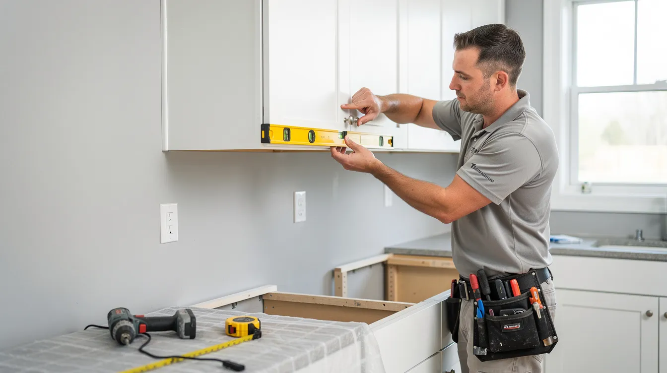 A professional using a level to ensure accurate measurements while mounting new kitchen cabinets