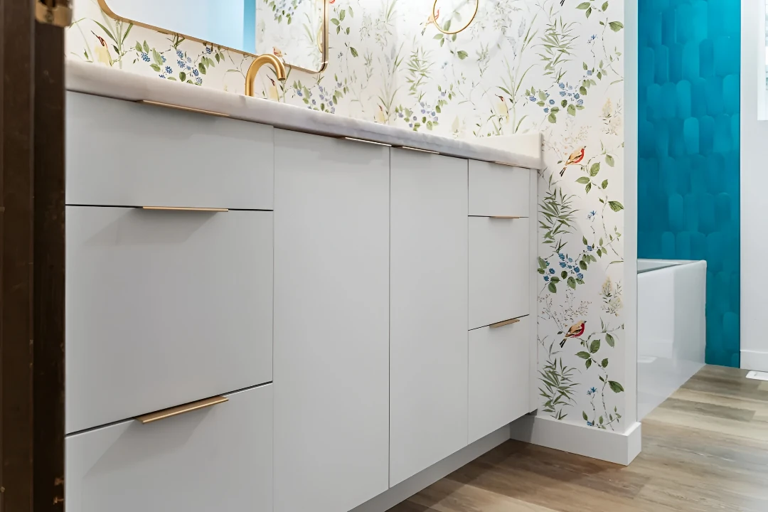 Remodeled bathroom in Bothell with a simple but stylish storage under sink