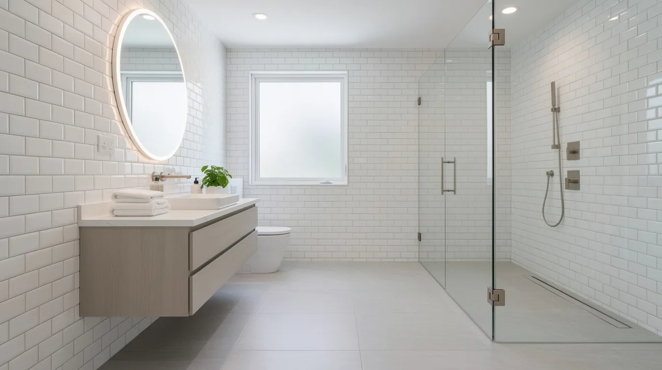 Minimalist bathroom renovation with floating vanity and glass shower