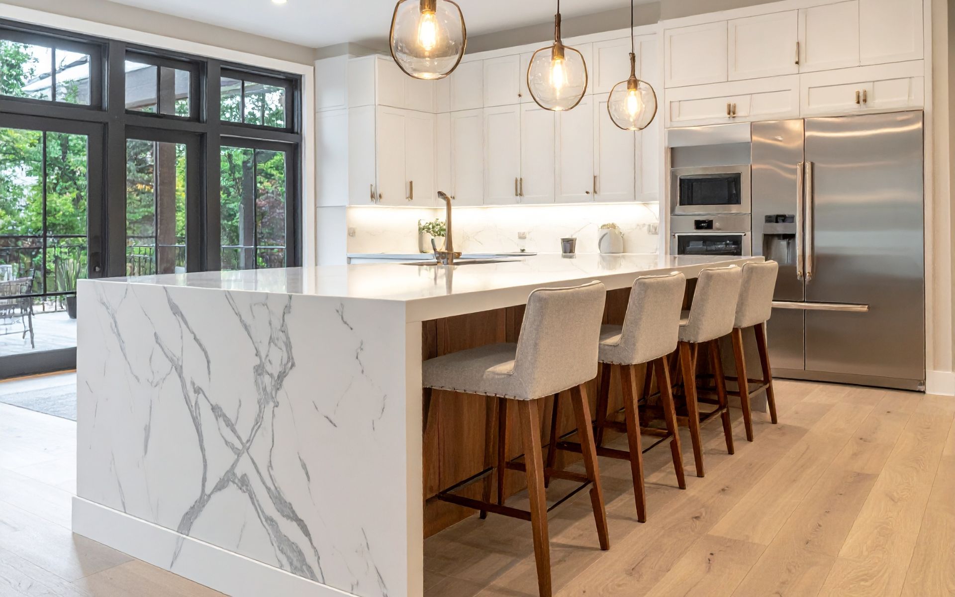 Modern Kitchen Interior with Marble Island and Barstools