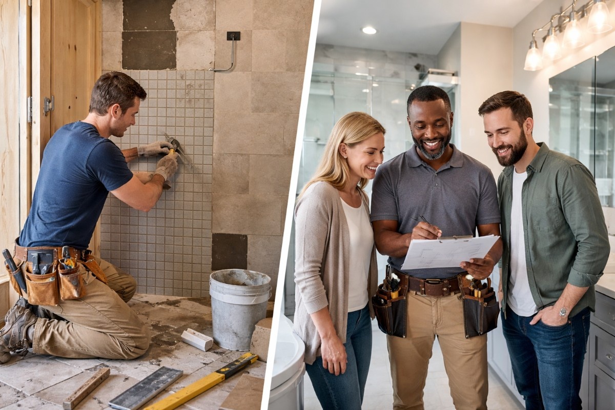 Side-by-side bathroom remodel scene with a homeowner installing tile in an unfinished space and a professional contractor presenting a completed remodel to clients