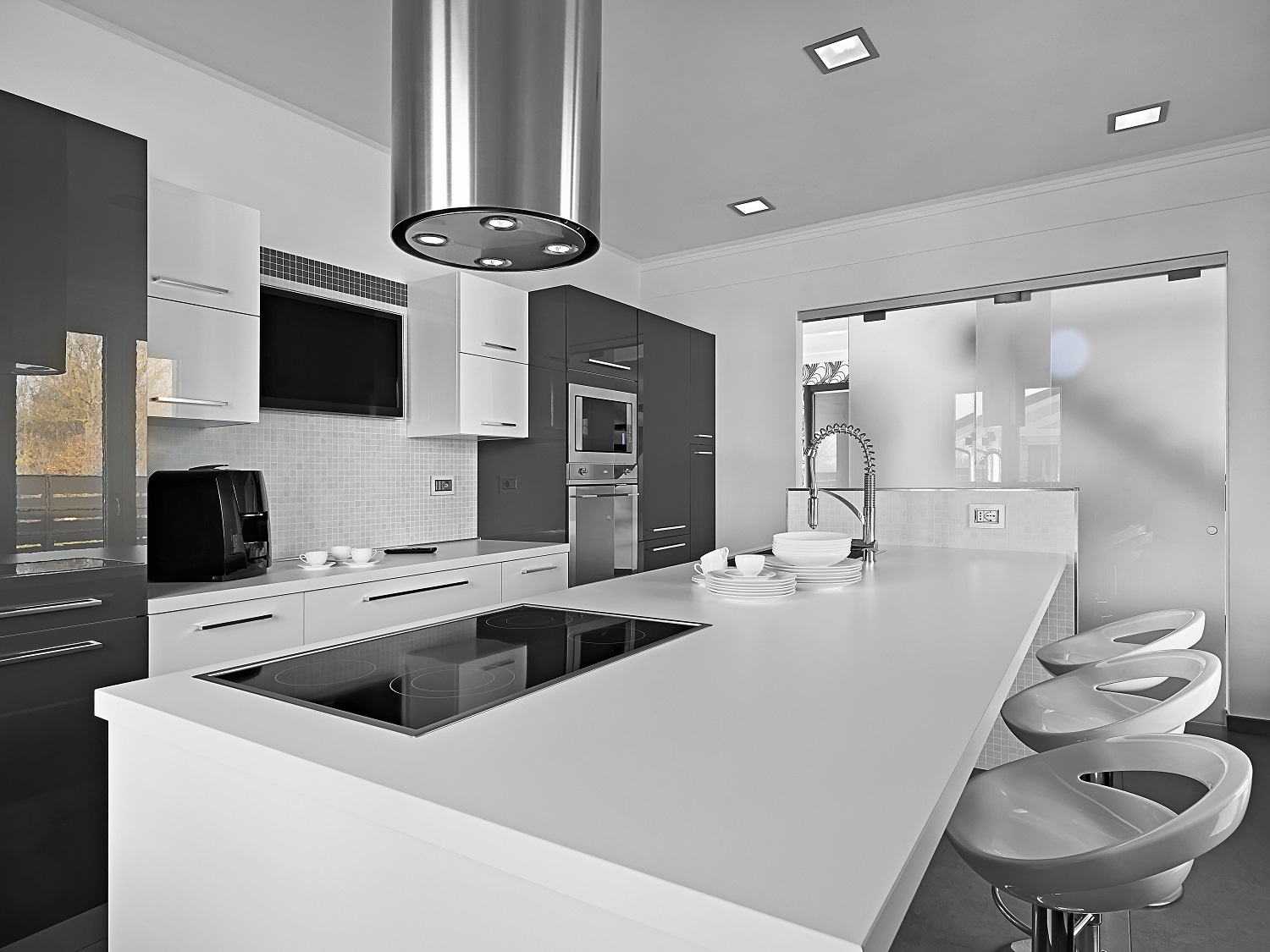  Modern kitchen interior with quartz island for guests or family