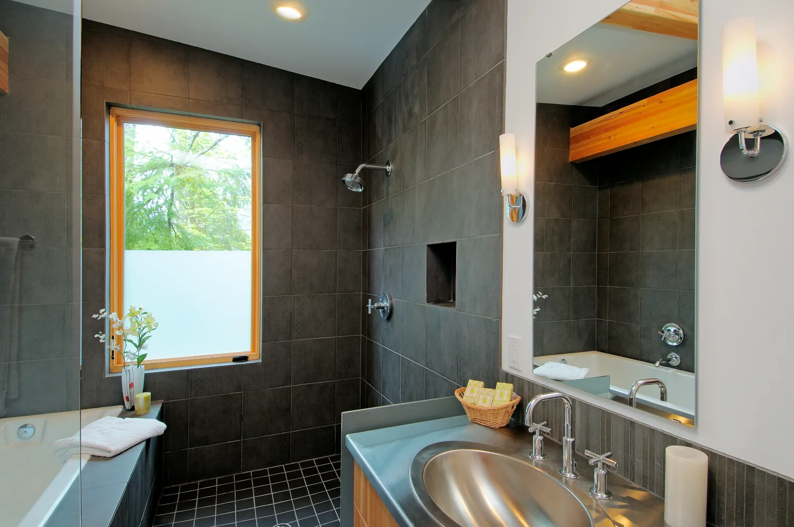Universal design bathroom remodel in Bothell with curbless walk-in shower and grab bars for broader buyer appeal