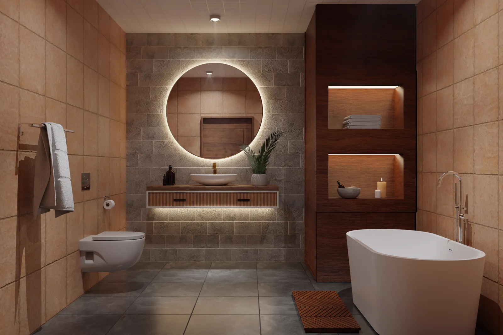 Spa-like bathroom design with dimmable ambient lighting, wall sconces, and floating vanity in Bothell WA