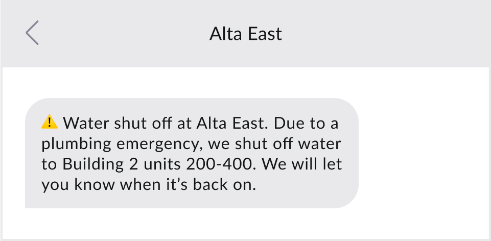A utility disruption text message alert example.