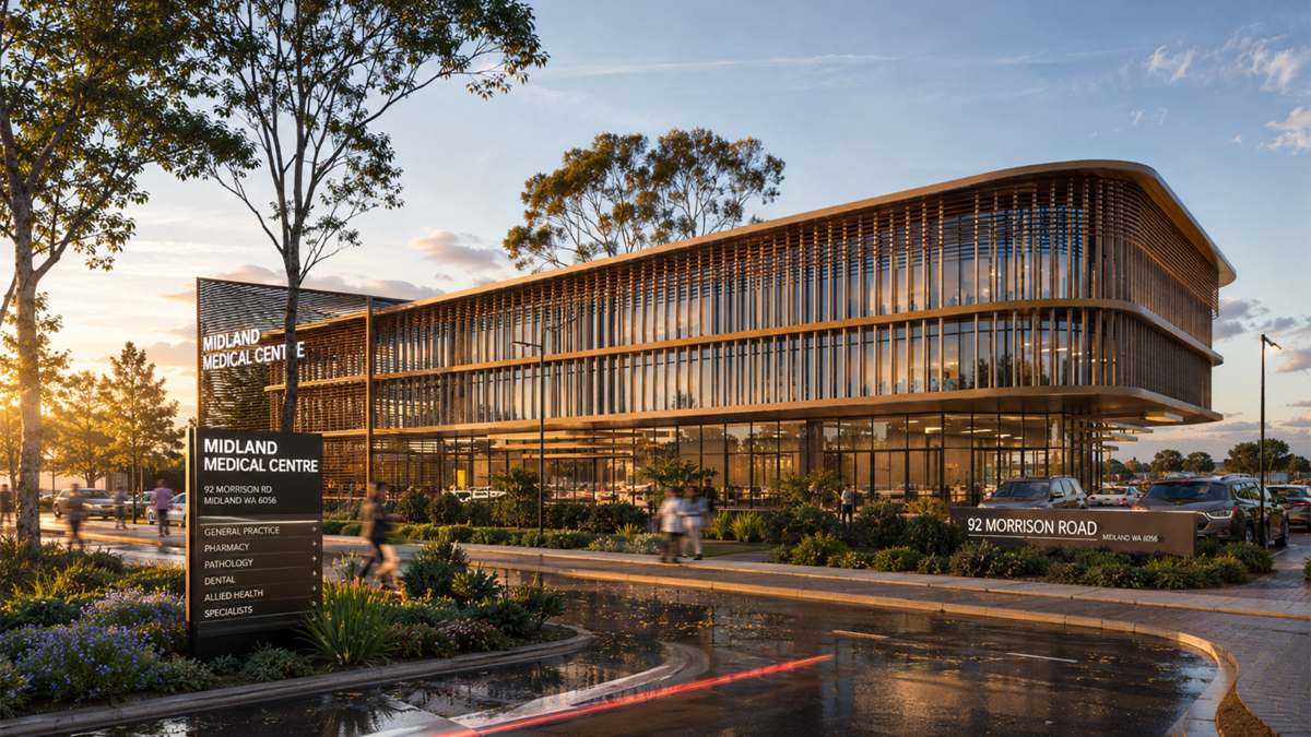 Concept render of the Midland Medical Centre, a medical and office building on an infill site in Midland, Western Australia