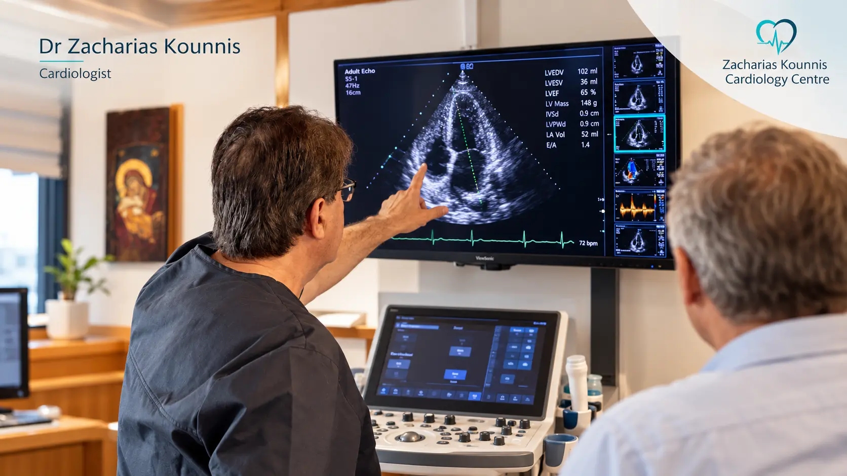 Dr Zacharias Kounnis reviewing echocardiography images during a preventive cardiovascular risk assessment in Limassol, Cyprus.