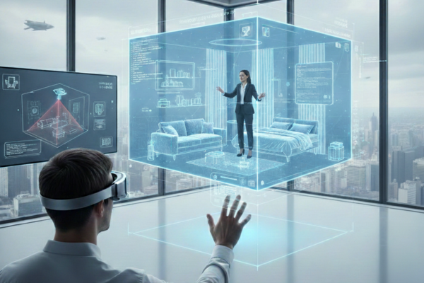 Ilustrație care prezintă un tur virtual 3D, permițând explorarea online a unui spațiu printr-o experiență digitală interactivă