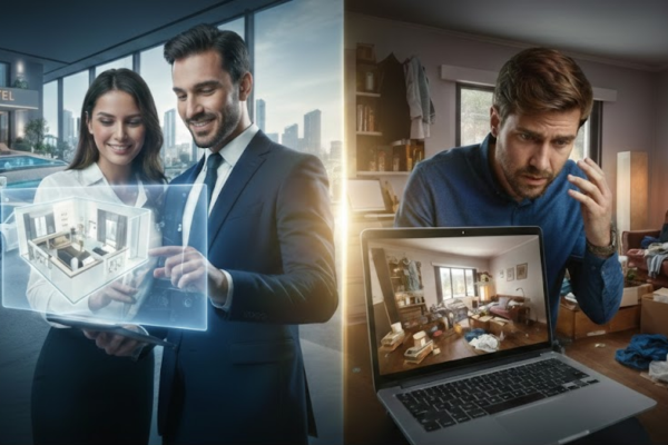 Infografic comparativ care demonstrează avantajele unui tur virtual profesional: în stânga, o prezentare digitală 3D impecabilă pentru clienți, iar în dreapta, contrastul cu stresul unei vizite fizice într-un spațiu nepregătit