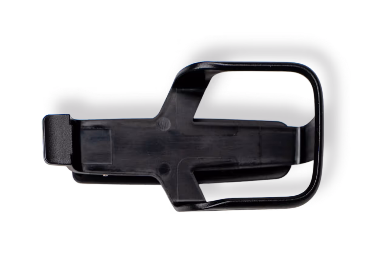 A black and silver buckle on a white background.