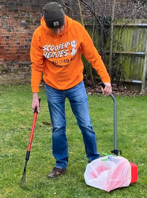 Dave Bedford, owner of Scooper Heroes, clearing a Hertfordshire garden of dog waste using a pooper scooper and rake.