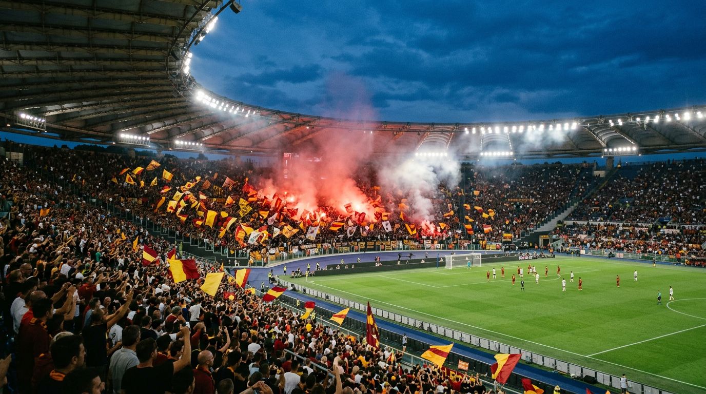 Vol stadion in Rome bij schemer met vlaggen en rook in de curva