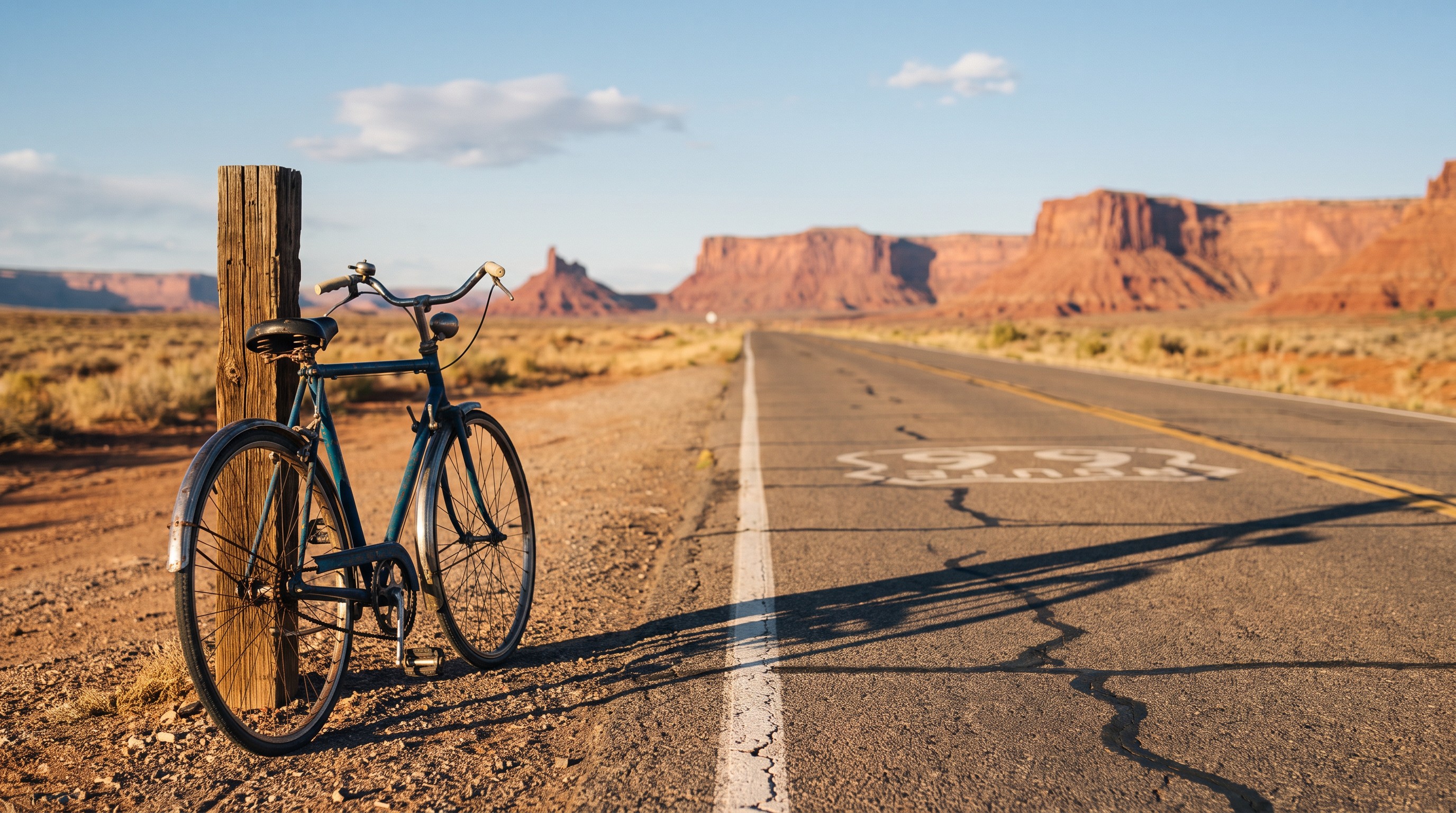 Empty desert road in Arizona towards red rocks at sunset
