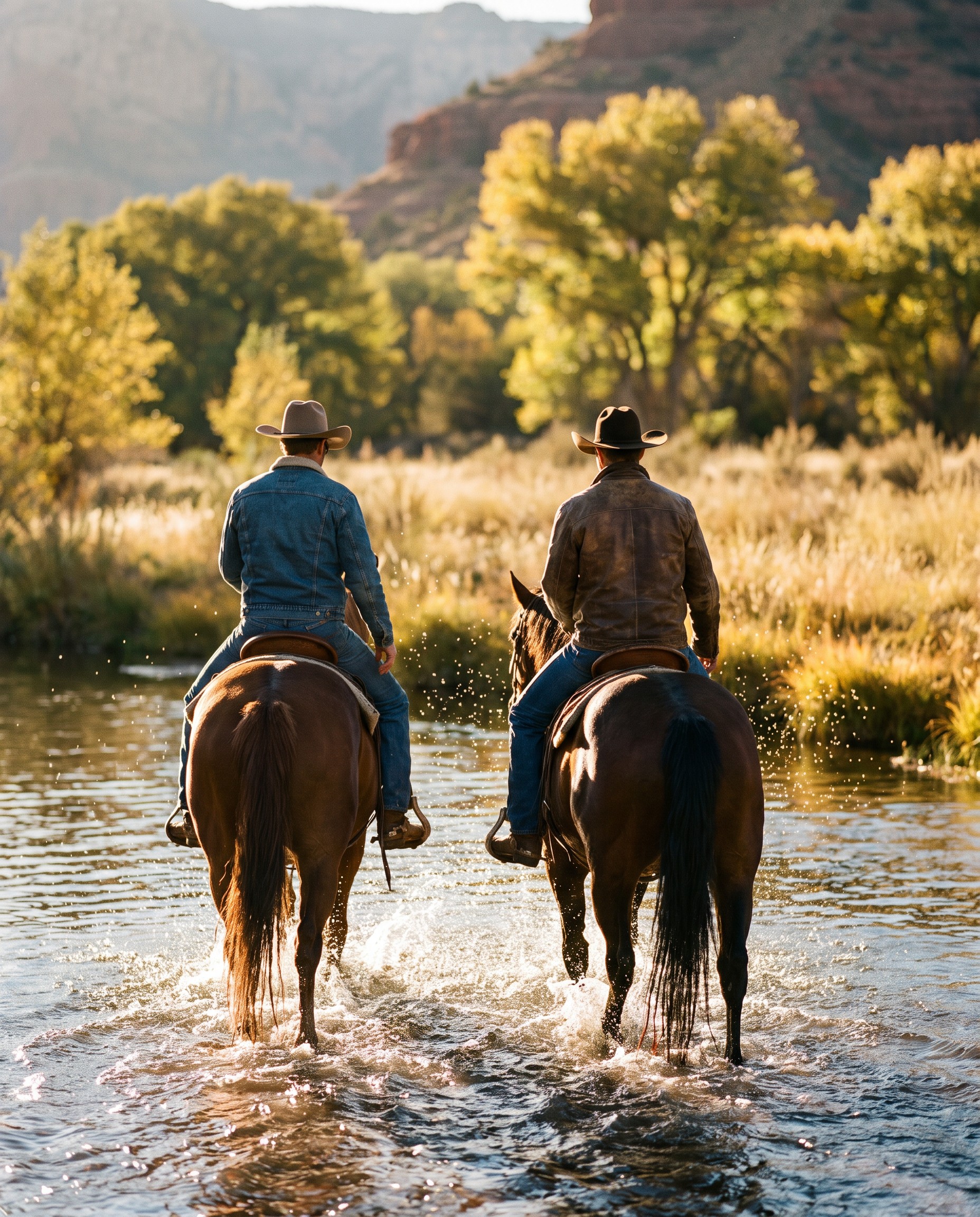 Two riders on horseback crossing a river in Arizona at golden hour
