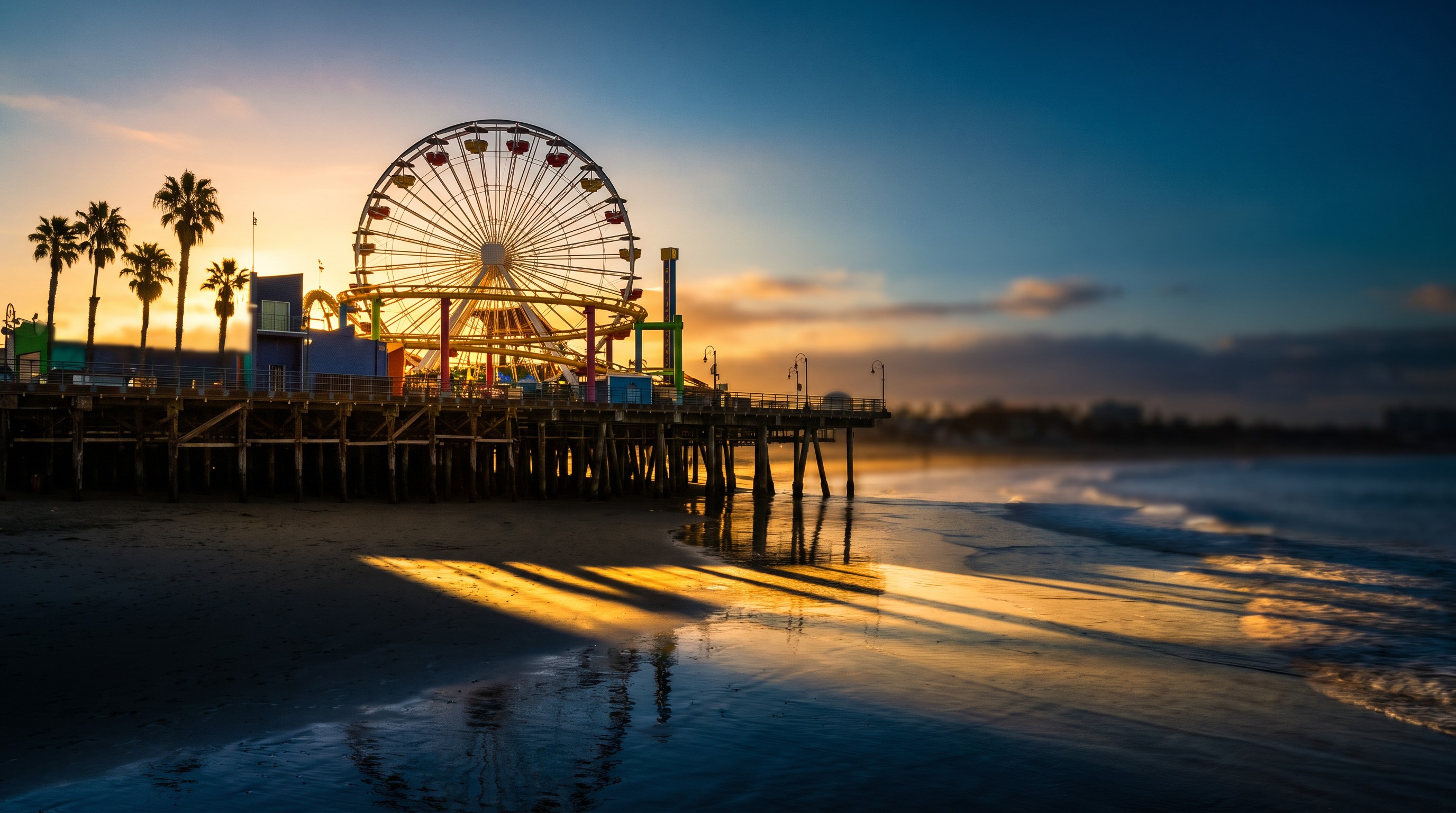 Pier with a Ferris wheel at sunset on the beach
