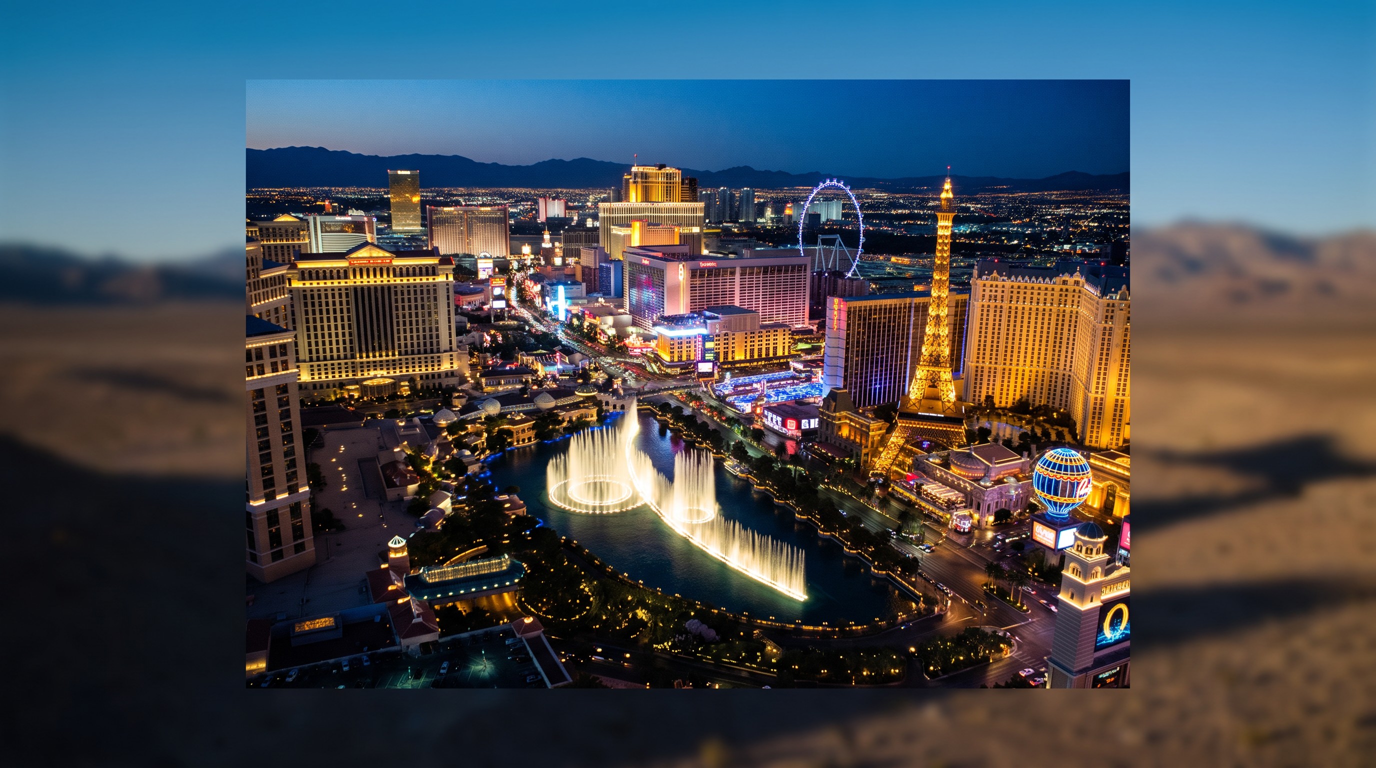 Las Vegas at night with lit hotels and fountains