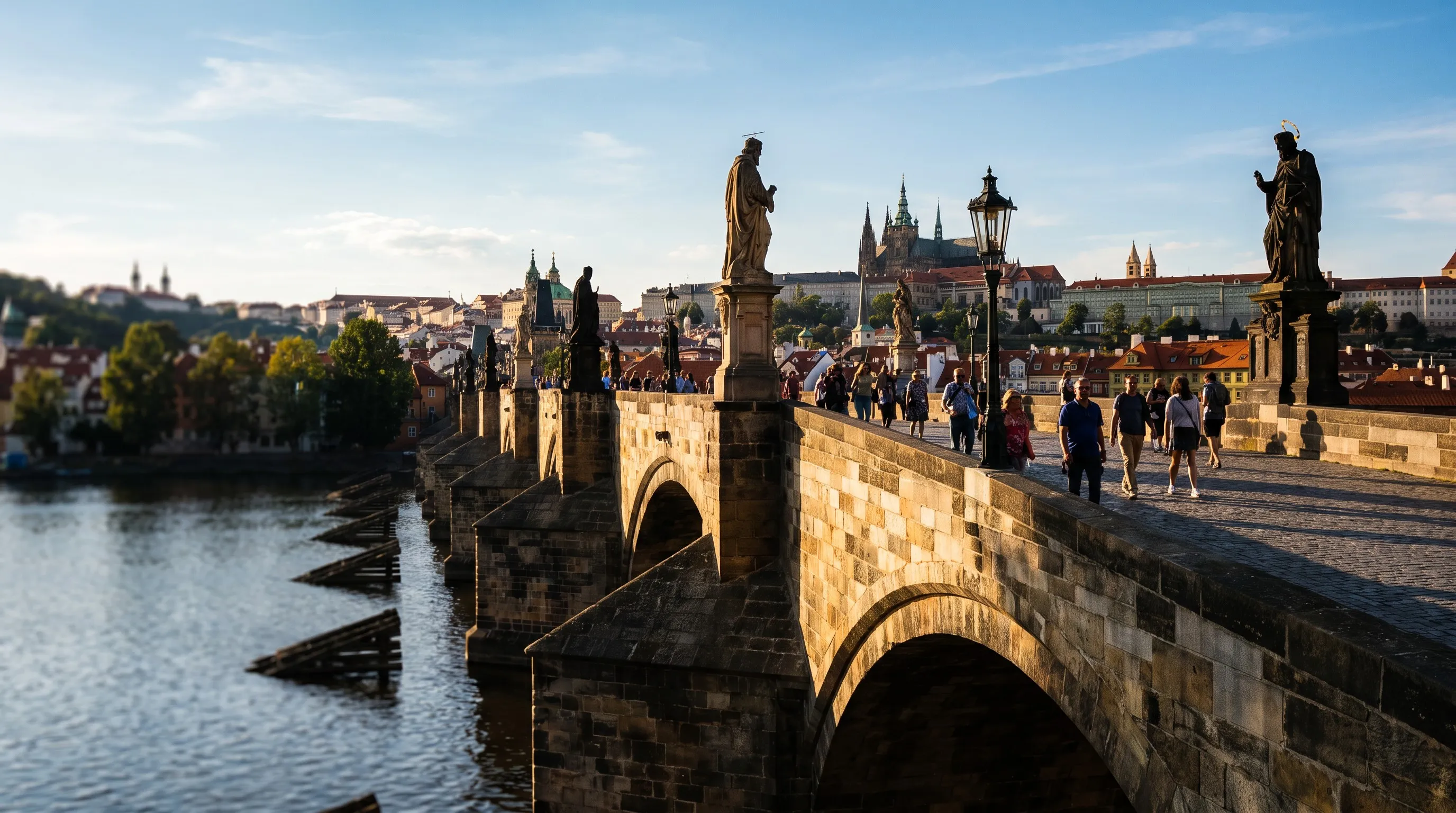 De Karelsbrug met de Praagse Burcht op de achtergrond in het avondlicht, Praag