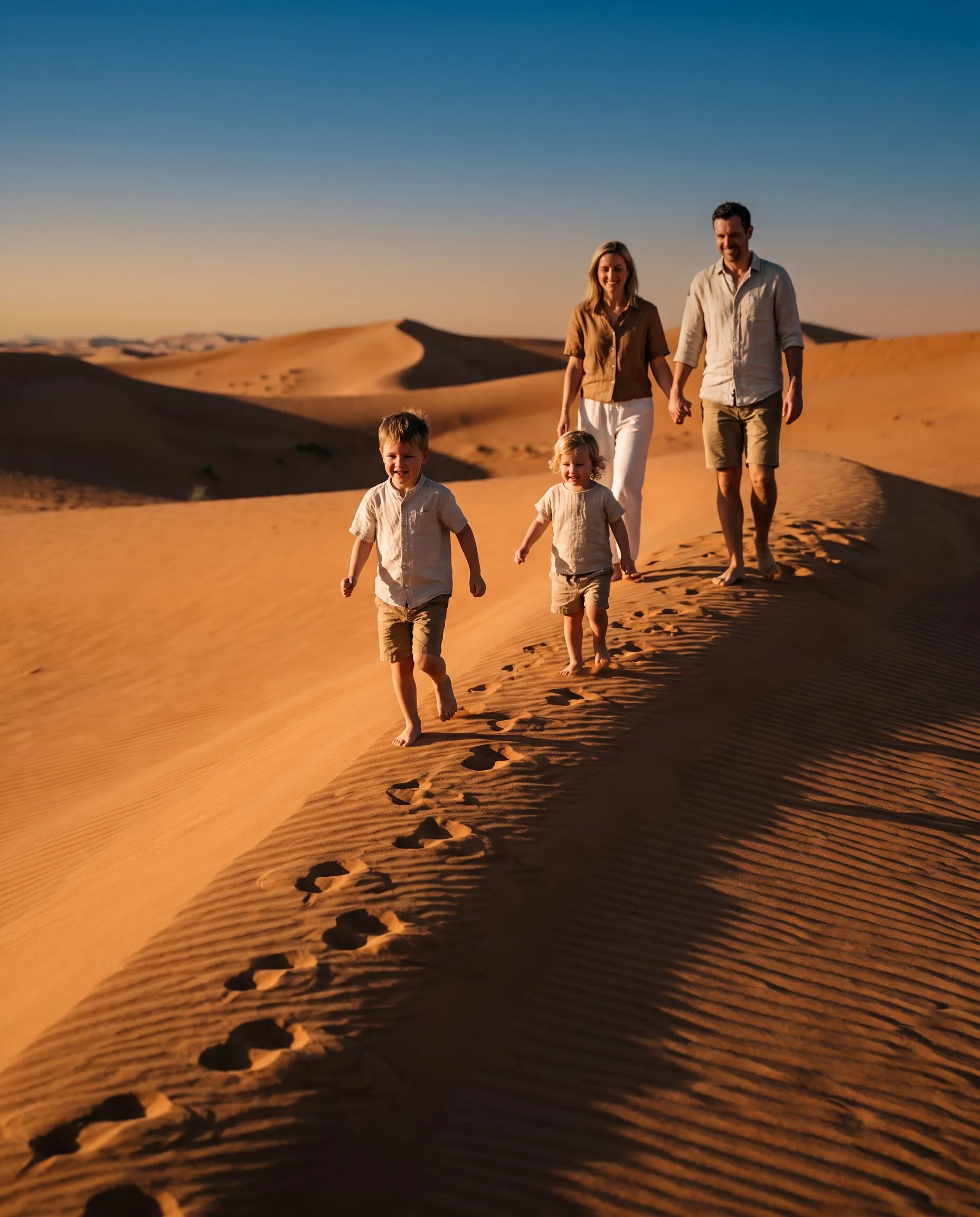 Kinderen lopen met hun ouders over de zandduinen in de woestijn bij Dubai